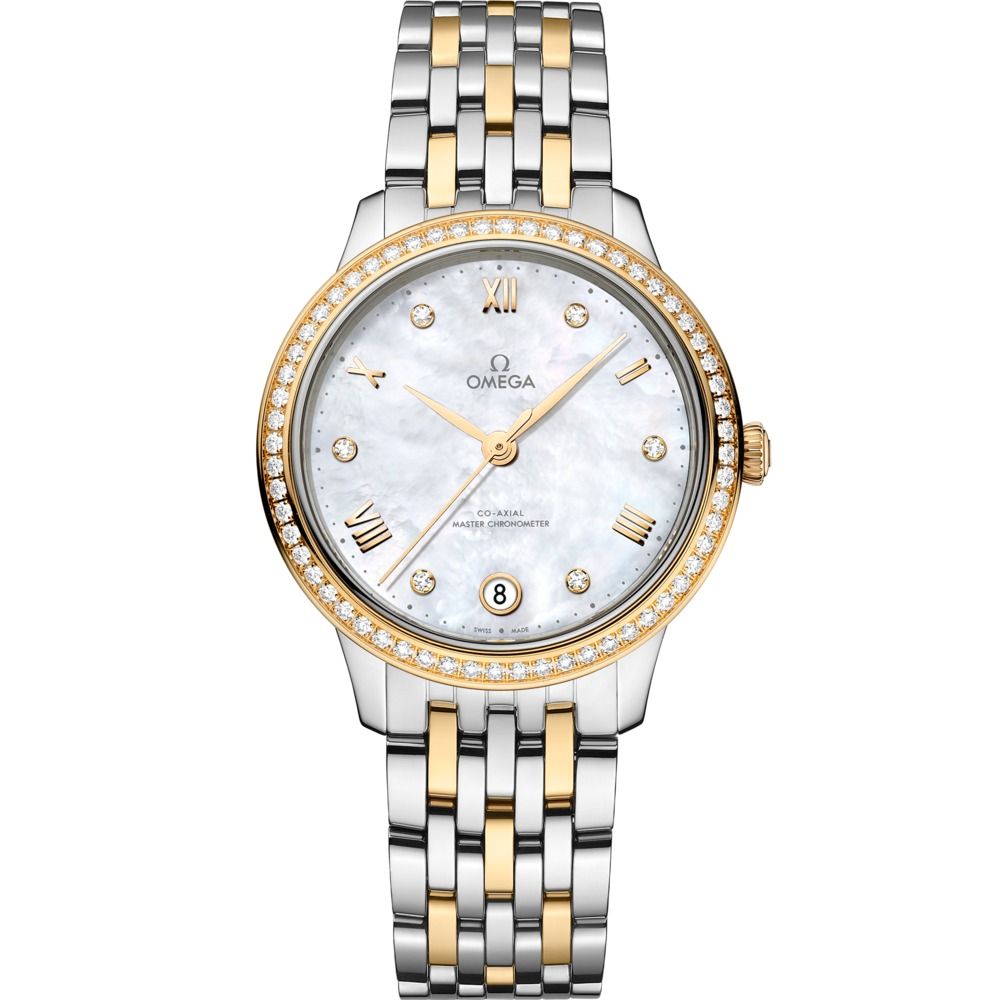 De Ville Prestige 34mm with White Diamond Dial and Diamond Bezel in Stainless Steel and Yellow Gold