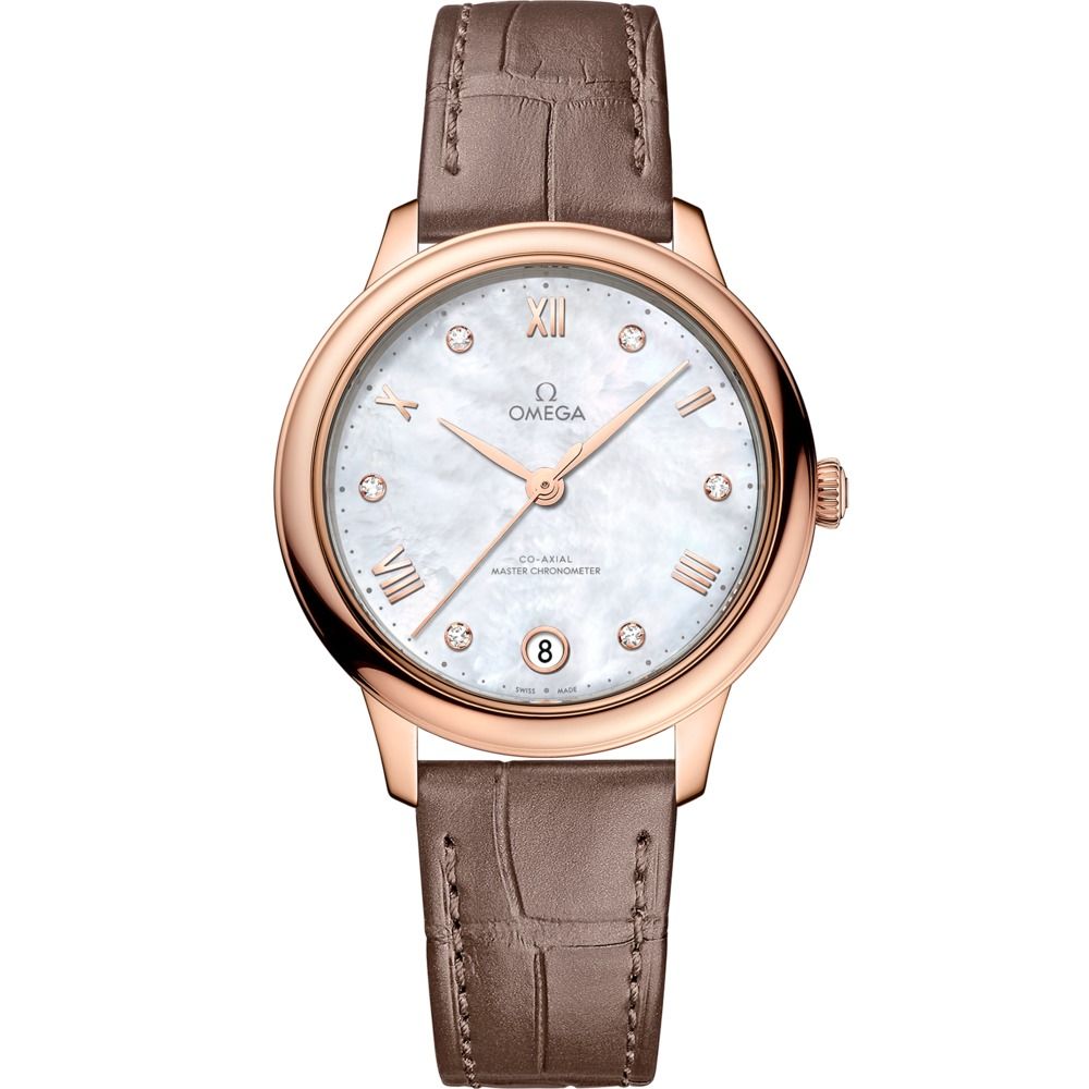 De Ville Prestige 34mm with White Diamond Dial in Rose Gold on Taupe Alligator Strap