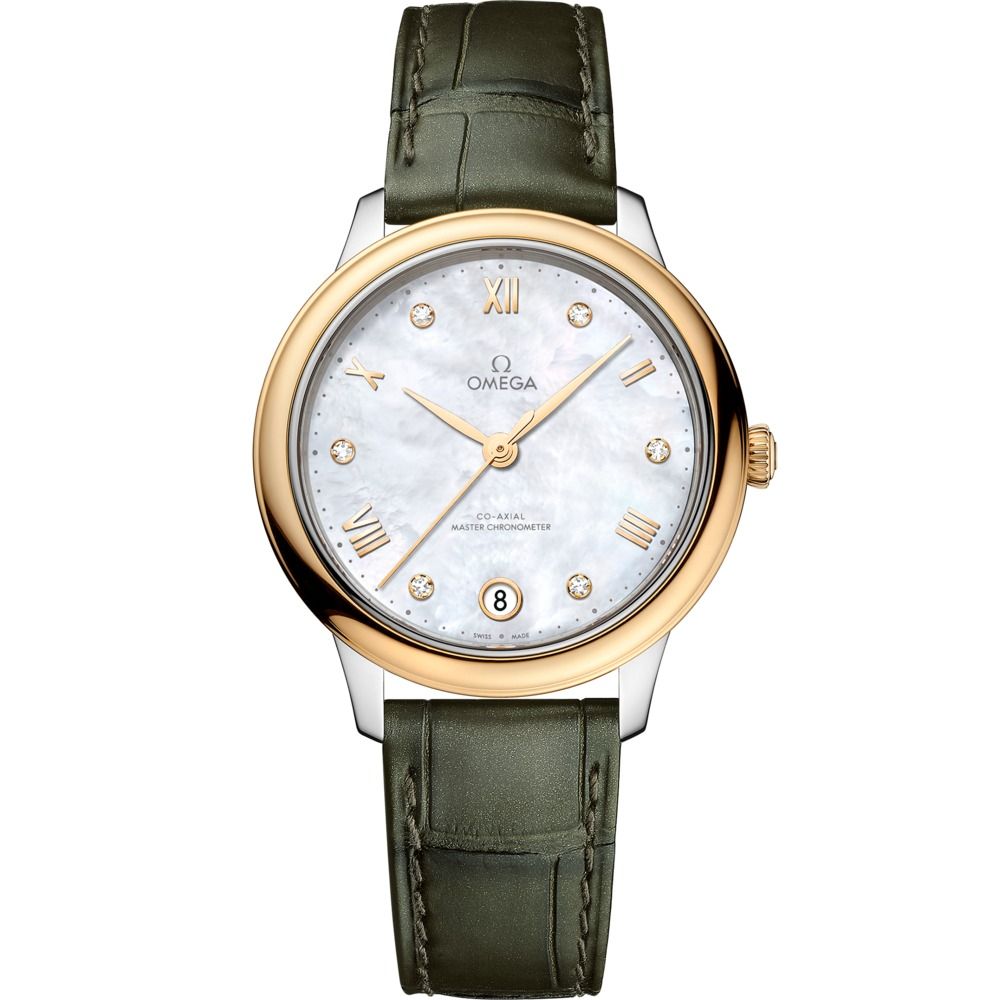 De Ville Prestige 34mm with White Diamond Dial in Stainless Steel and Yellow Gold on Green Alligator Strap