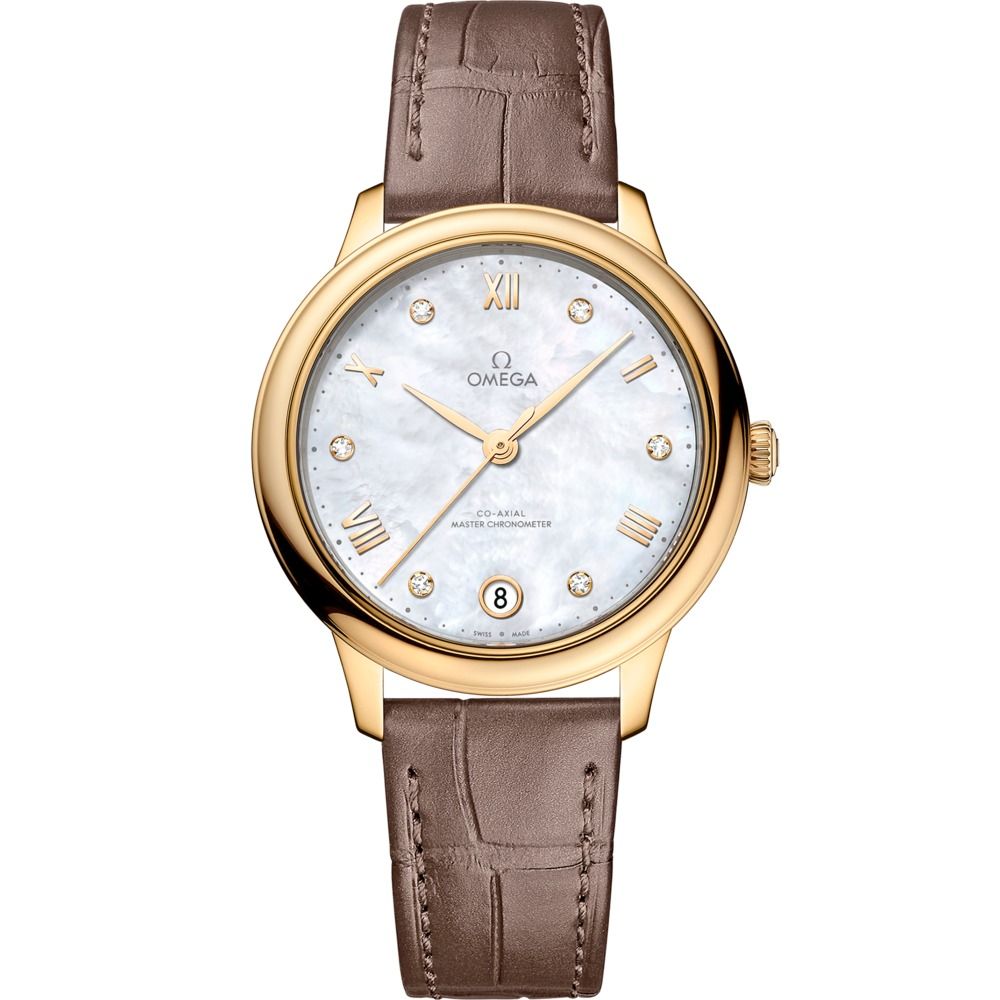 De Ville Prestige 34mm with White Diamond Dial in Yellow Gold on Taupe Alligator Strap
