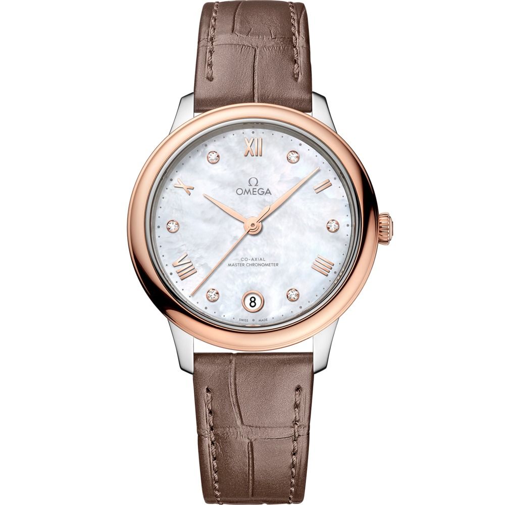 De Ville Prestige 34mm with White Diamond Dial in Stainless Steel and Rose Gold on Taupe Alligator Strap