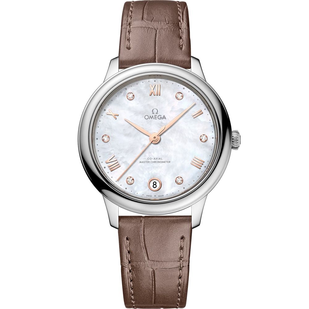 De Ville Prestige 34mm with White Diamond Dial in Stainless Steel on Taupe Alligator Strap