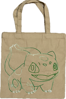 Hand Embroidered Bulbasaur Tote Bag - 16 x 15 in