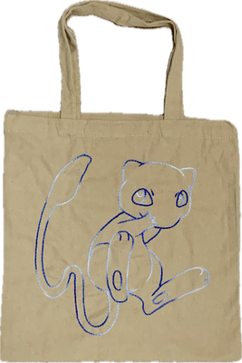 Hand Embroidered Blue Mew Tote Bag - 16 x 15 in