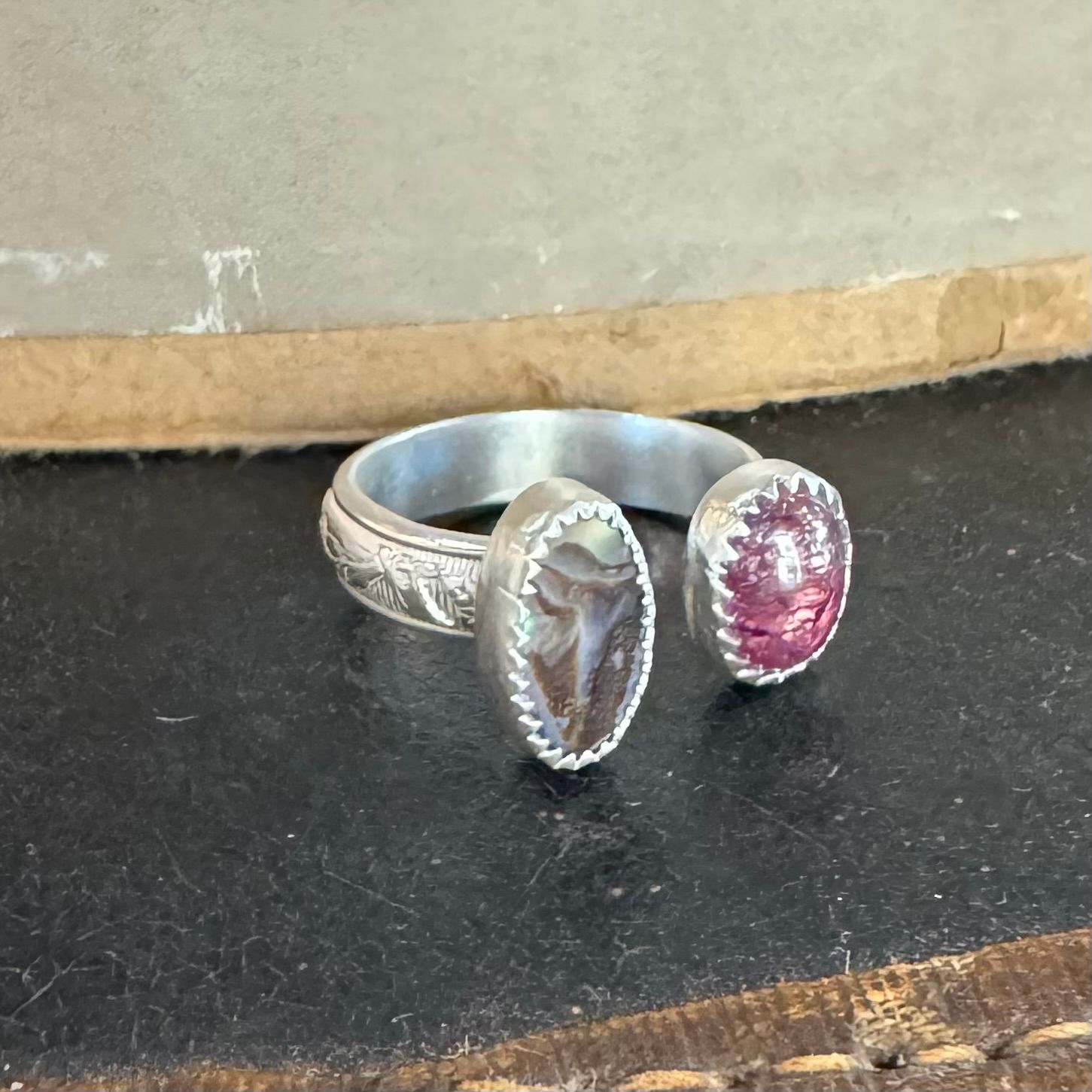 Pink/Abalone Open Ring - sz.7