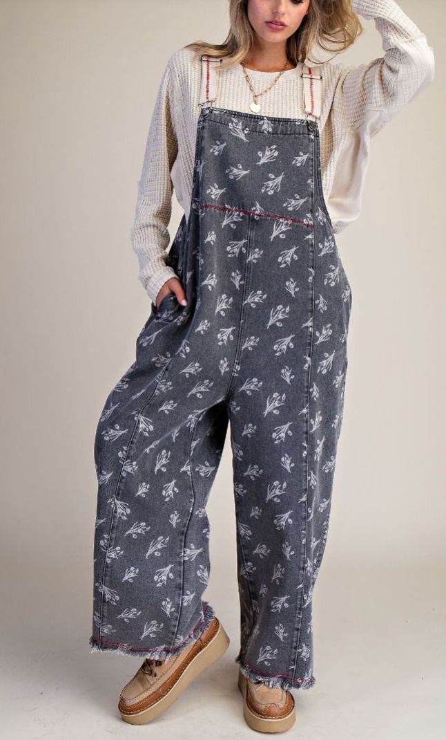 Blk Floral Overalls
