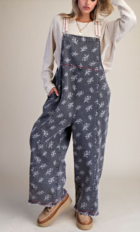 Blk Floral Overalls