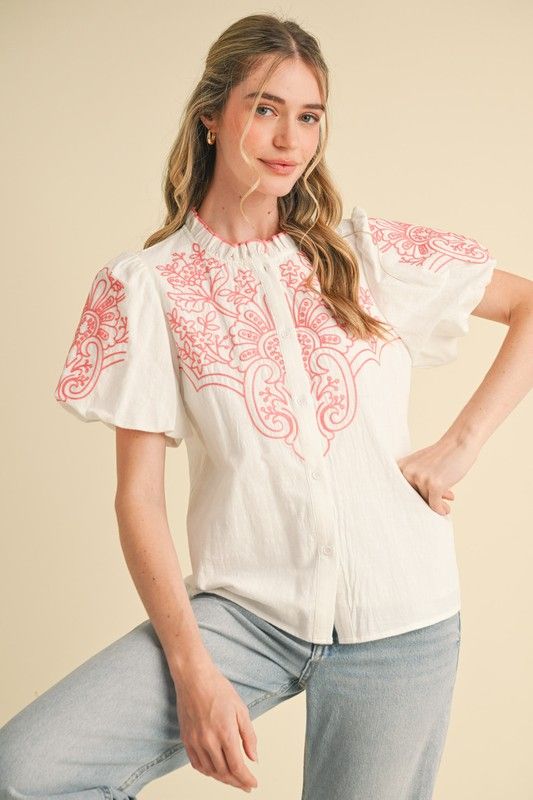 Coral Embroidered Top
