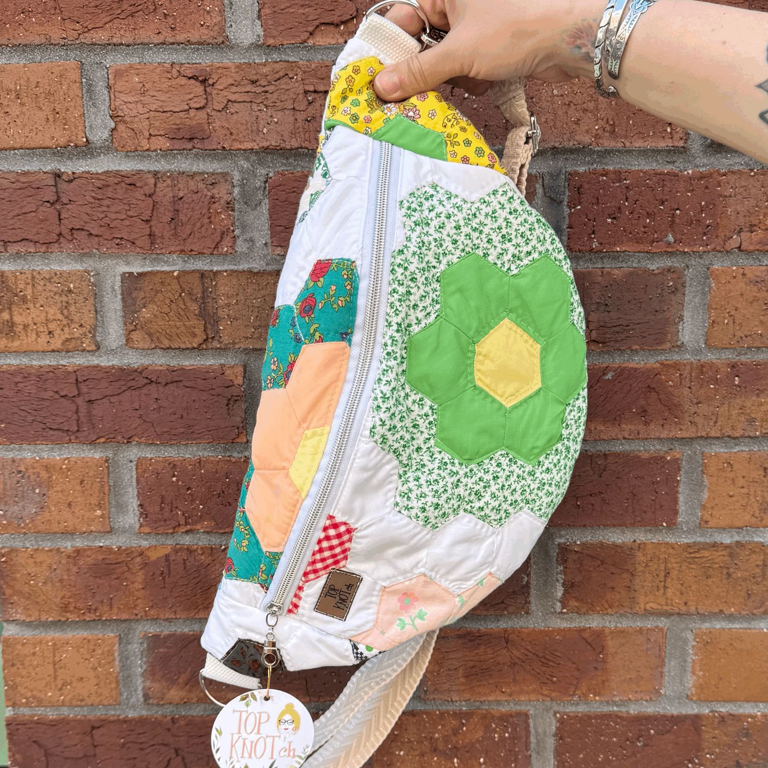Vintage Bum Bag - Green/Peach Flower