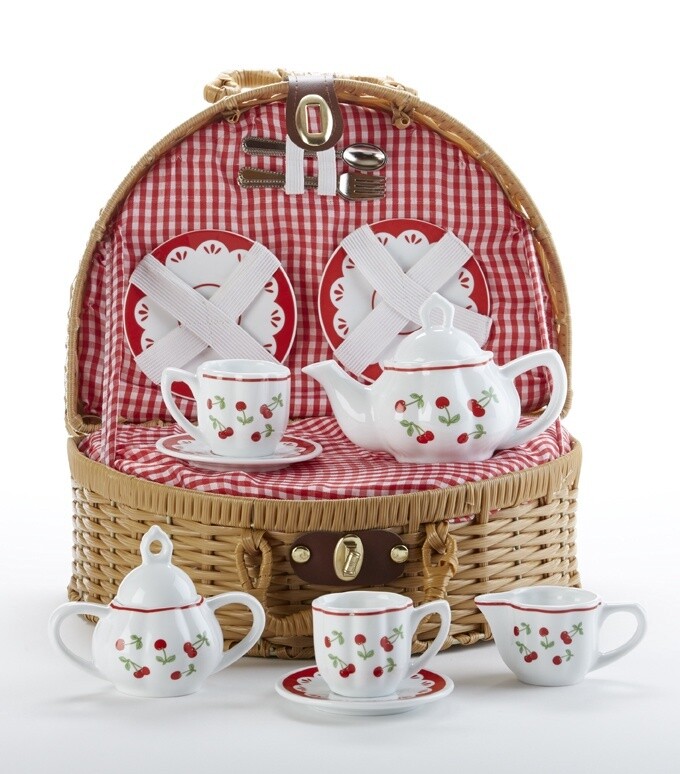 Miniature Tea Set in Basket, Cherry Motif