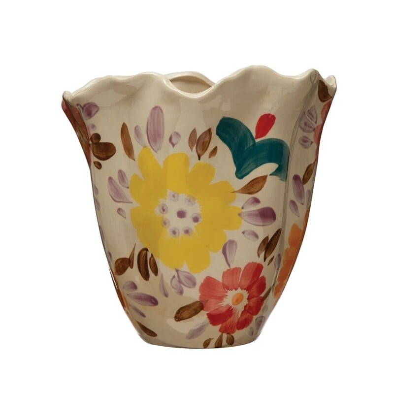 Vase Floral 11" high beige/w flowers