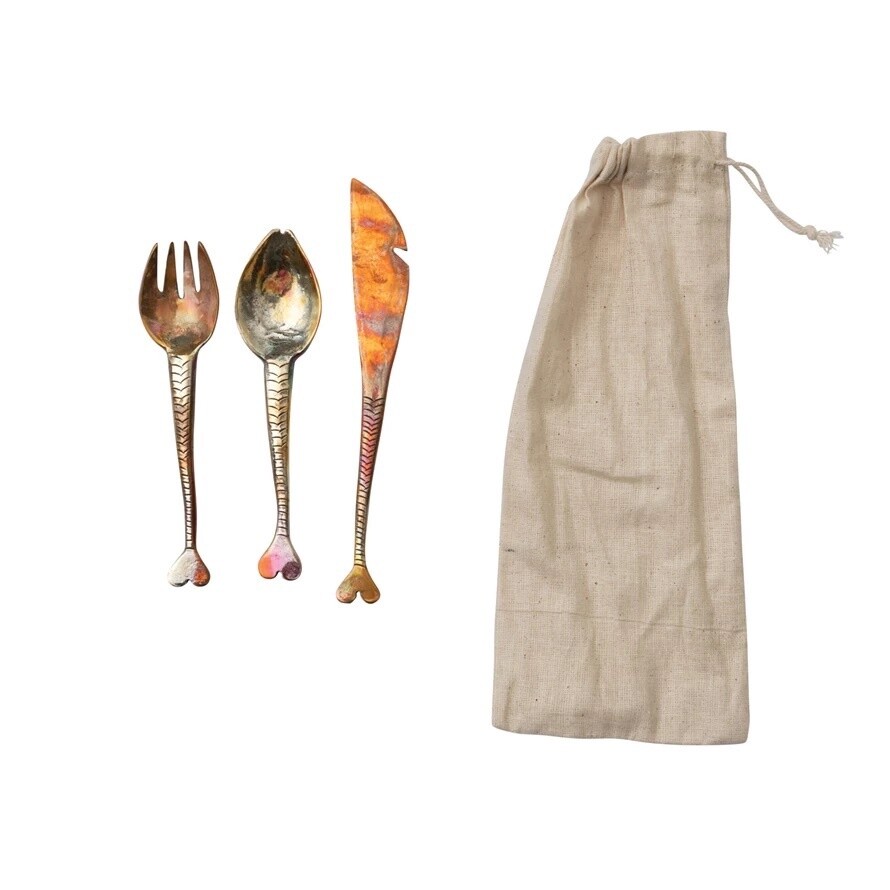 Copper Flatware Set in Bag Knife, fork, spoon