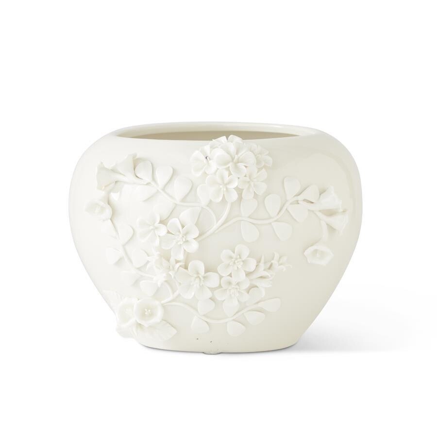 White Ceramic Vase w/raised flowers