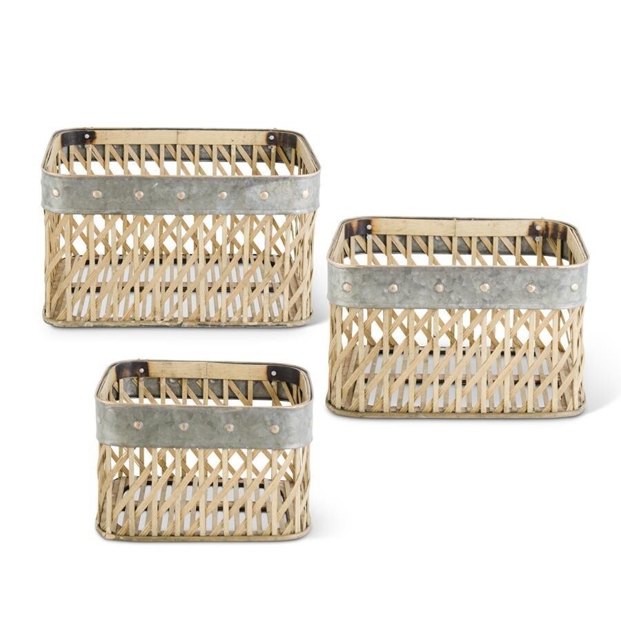 Woven Bamboo Basket - Metal Banding