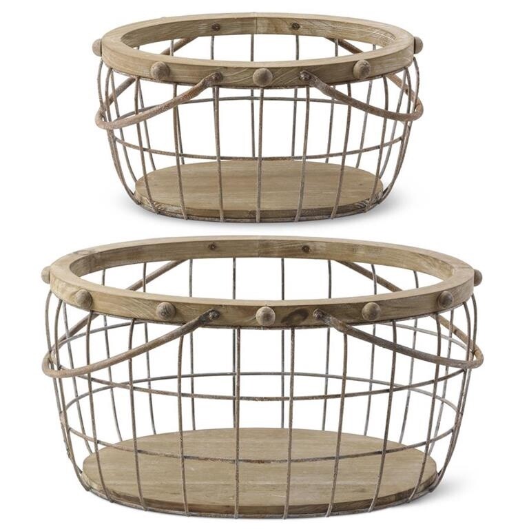 Wire Cage Basket with Handles - Wood Trim