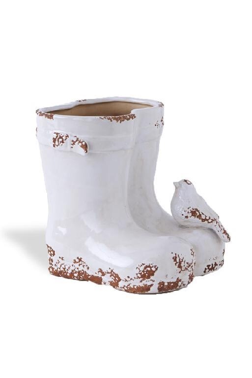 White Ceramic Weathered Garden Boots Vase