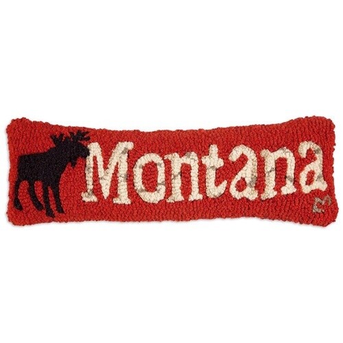 Montana Moose Red Hooked Pillow