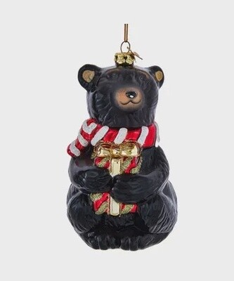 Animal: Glass Black Bear holding a gift Ornament