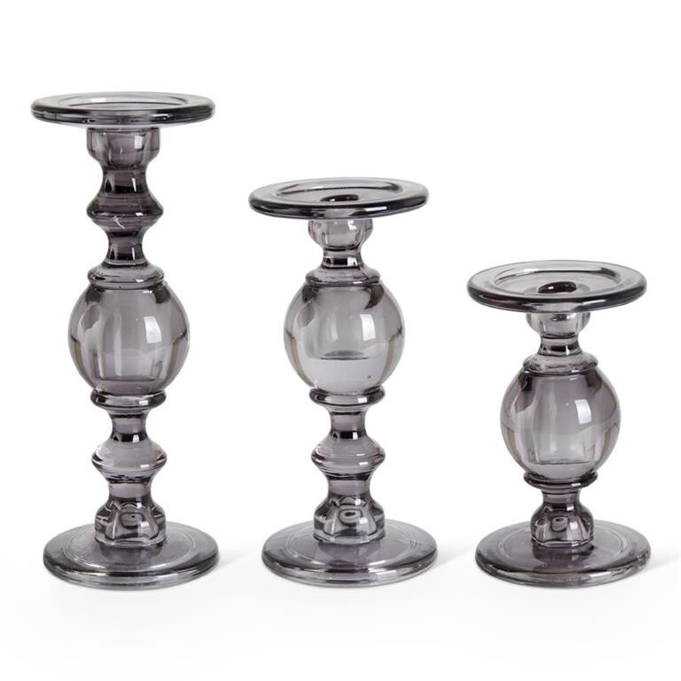 Elegant Grey Glass Candleholders - 3 Sizes