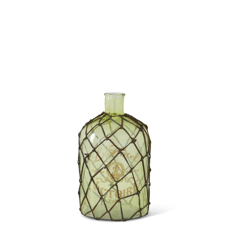 Green Recycled Glass bottle w/ leather netting 15&quot;, Size: 12.25