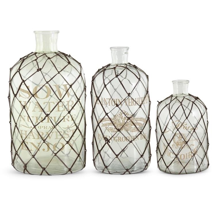 Green Recycled Glass bottle w/ leather netting 15&quot;
