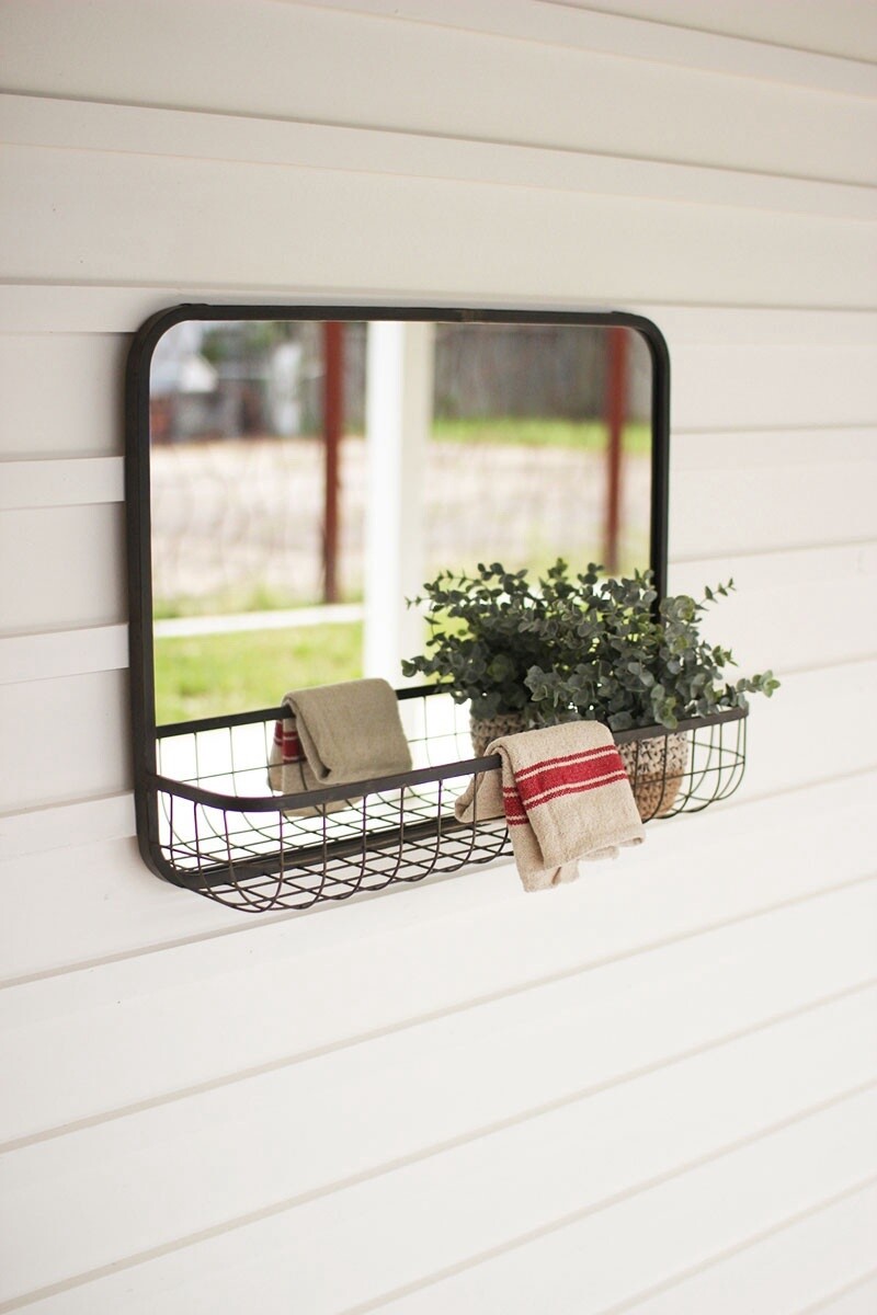 Metal Mirror with Attached Basket