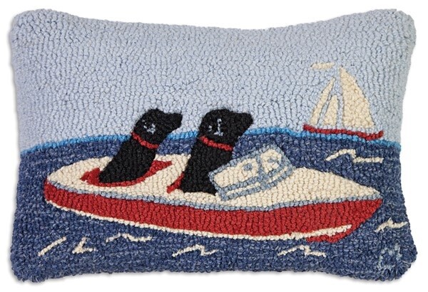 Labs Boating, Hooked Pillow