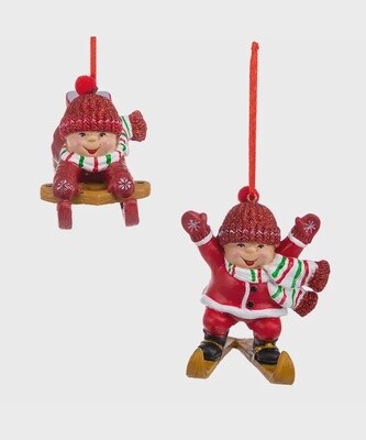Snowman Kid on Sled and Skis Ornament