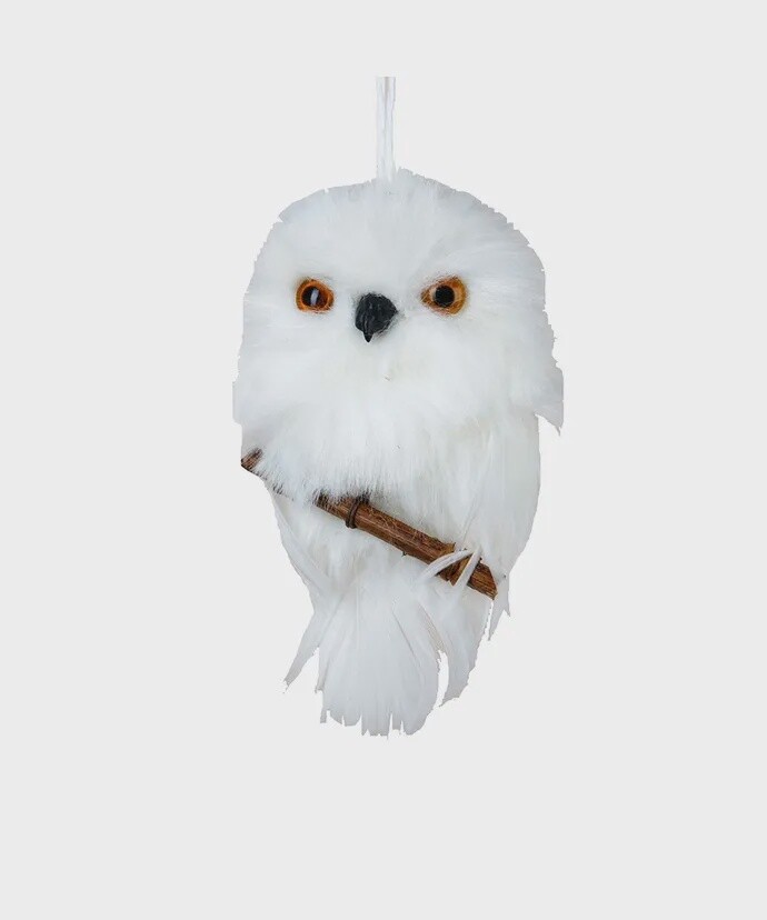 Fluffy Owl Perched on Branch - Ornament