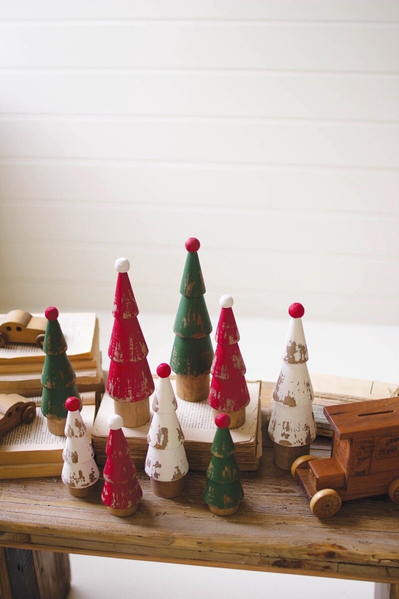 Turned Wooden Christmas Tree Red, Green, white, Size: small