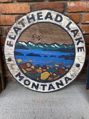 Barnwood Round Flathead Lake Sign, Rocks 23"