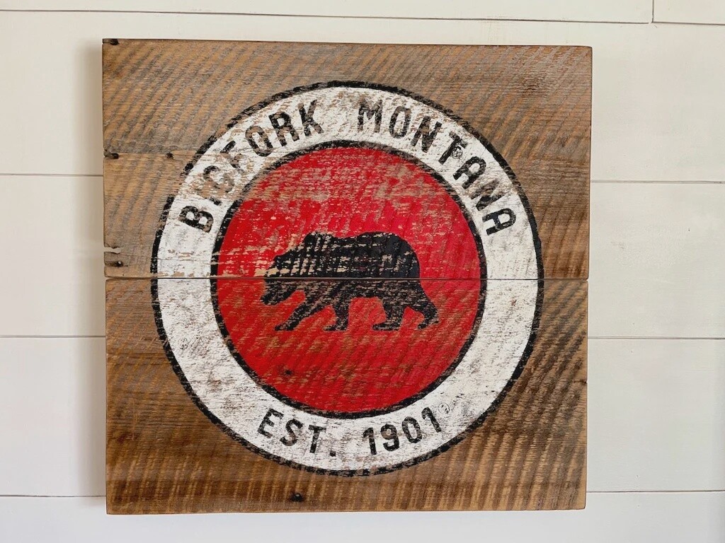 Barnwood Bigfork Sign Red with Bear