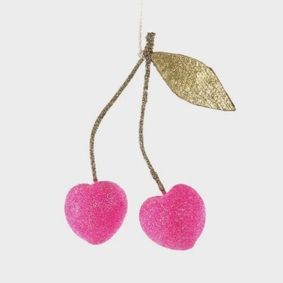Pink Glittered Cherries with Gold Leaf Ornament