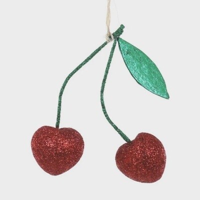 Two Glittered Cherries with Leaf Ornament