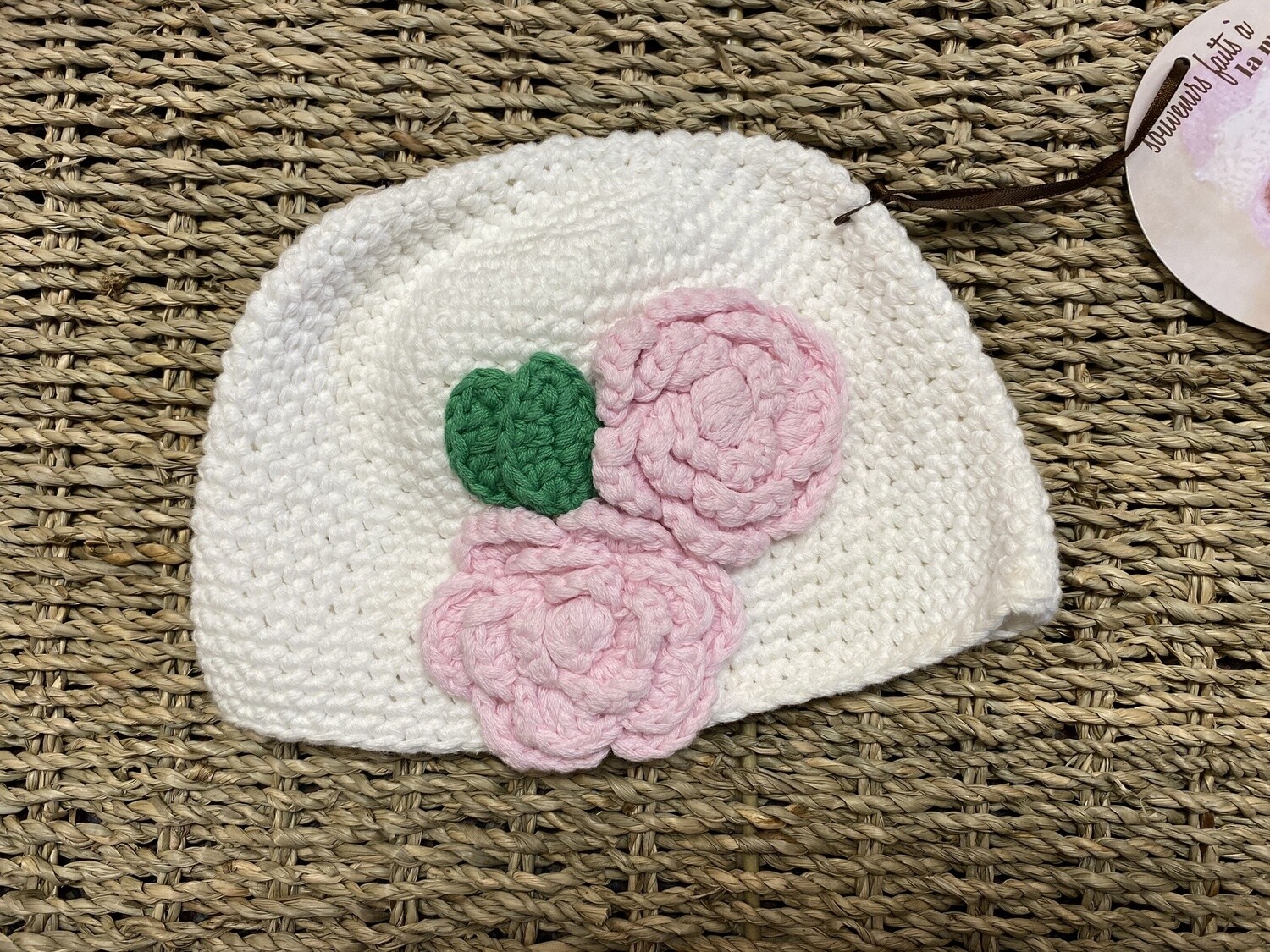 Hat white double pink flowers