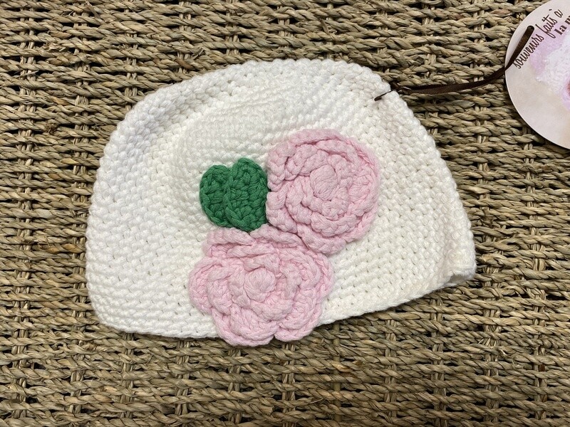 Hat white double pink flowers