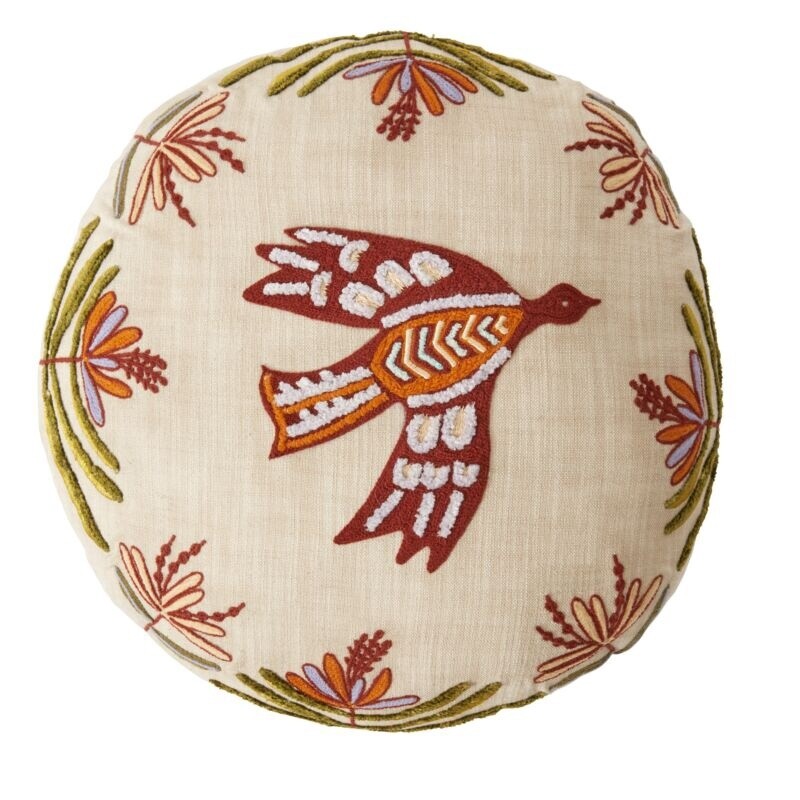 Embroidered Bird Flowers - Round Pillow