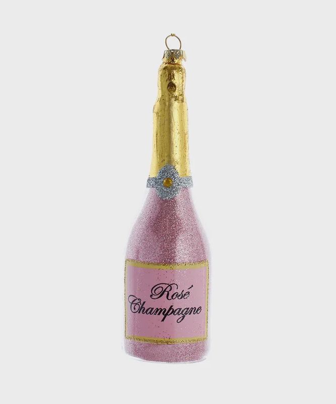 Glass Pink &amp; Pewter &quot;Rosé Champagne&quot; Bottle Ornament