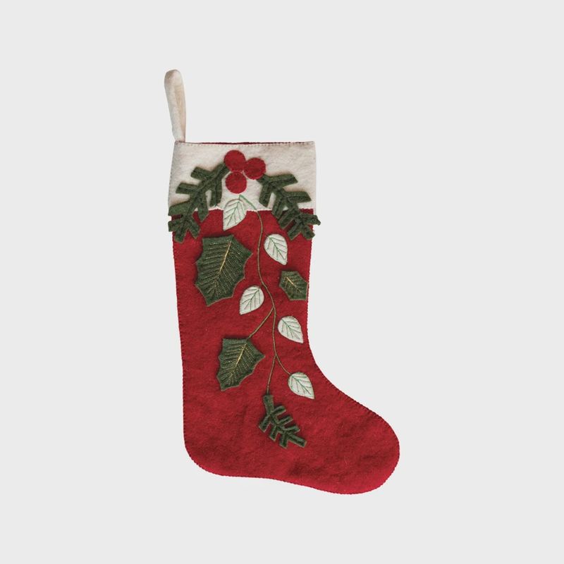 Wool Felt Stocking w/ Holly Berries &amp; Leaves