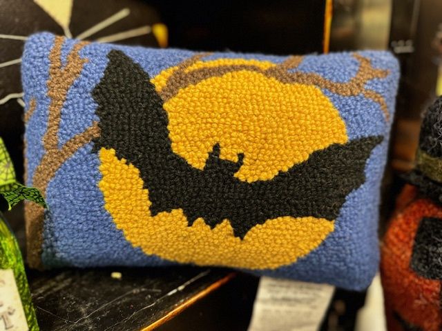 Blue Pillow with Bat and Moon