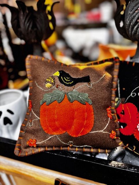 Raven/Pumpkin - Handmade Felt Pillow