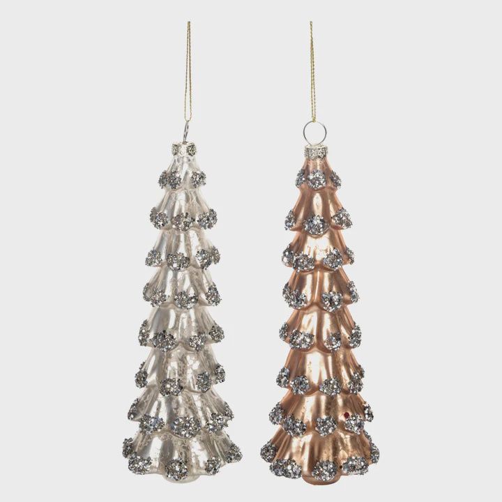 Glass Metallic Glitter Tree Ornament 2 Asst