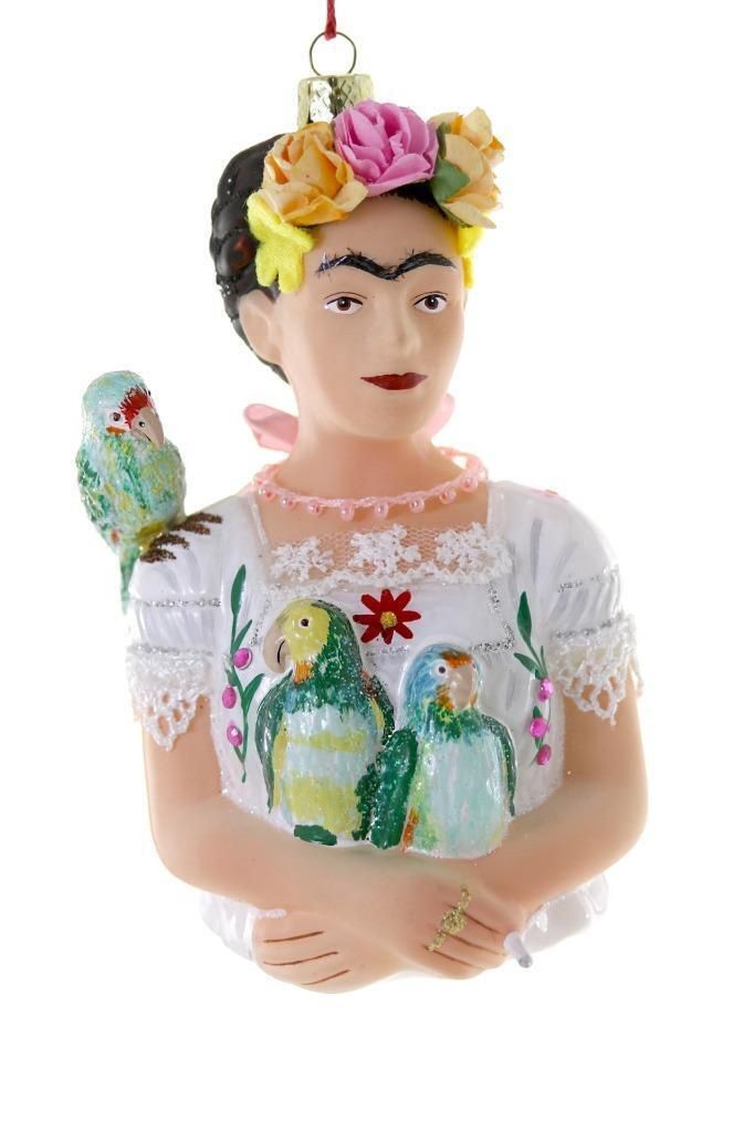 Frida Kahlo with Parrots Glass Ornament