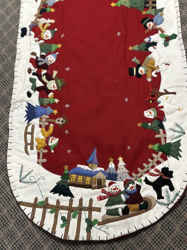 Felted Wool Skiing Snowman Oval Table Runner