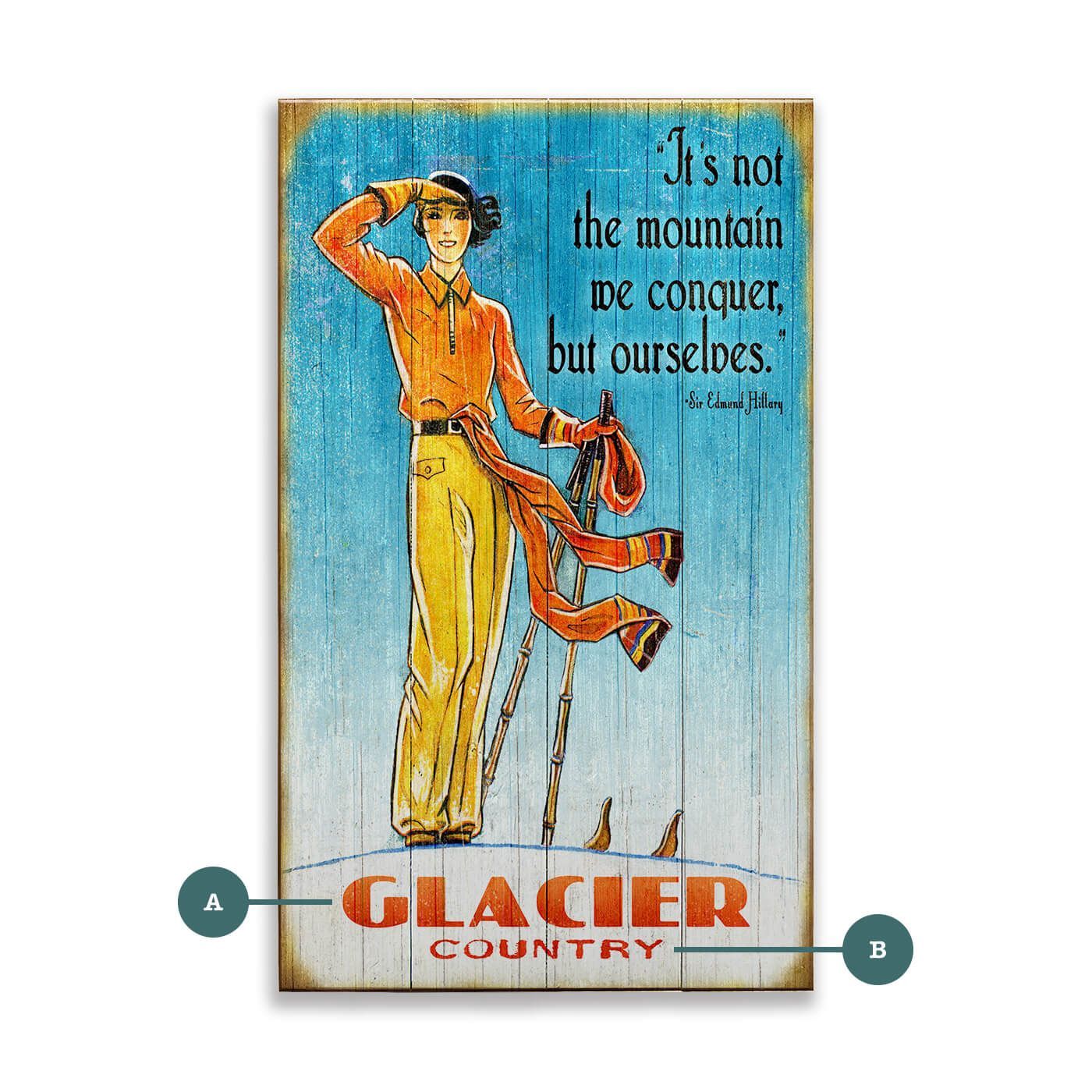 Female Mountaineer, Glacier Country Vintage Sign