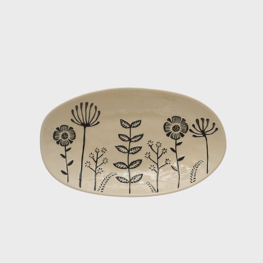 Platter Hand Painted Stoneware w/ embossed flowers cream color &amp; black