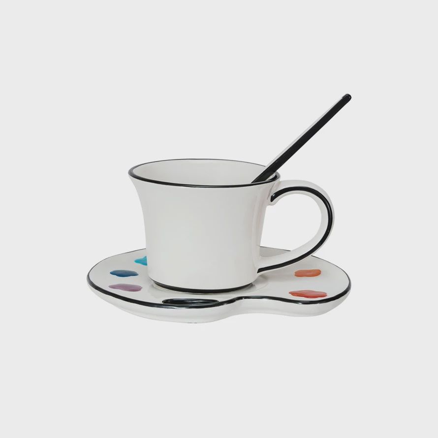Teacup w/Saucer Brush Shaped Stirrer Multi color