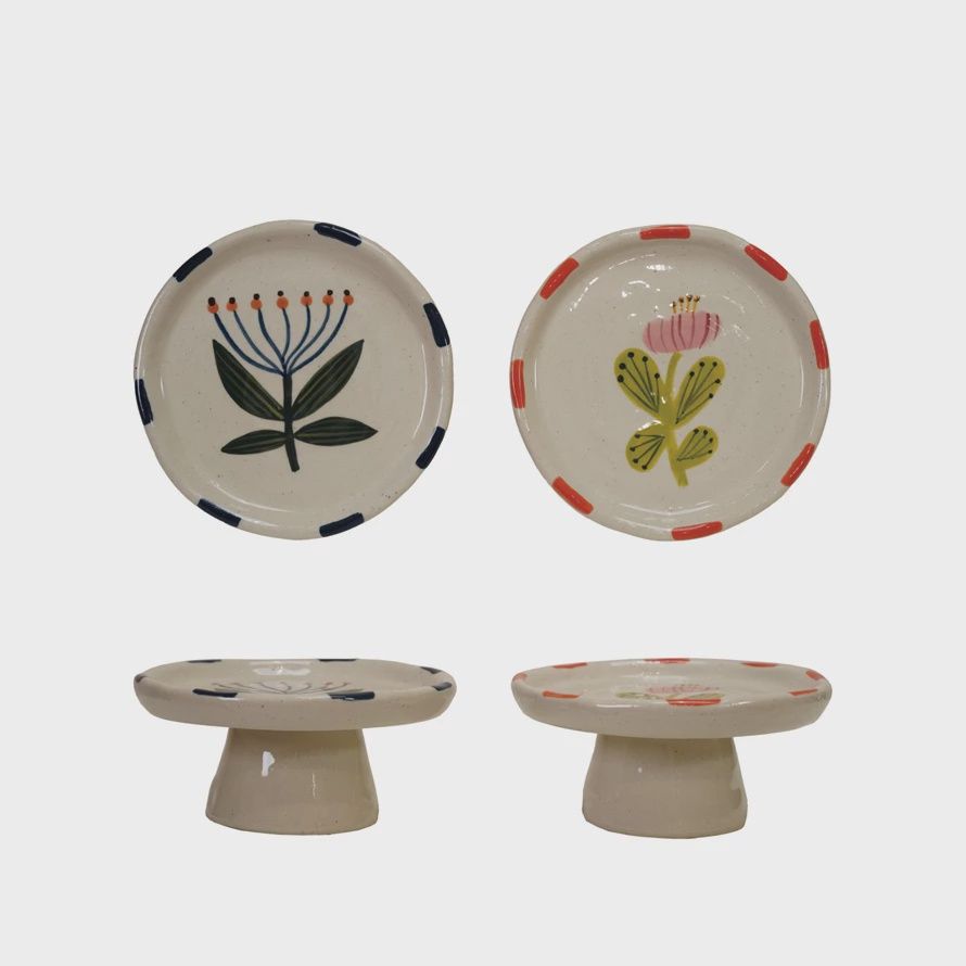 Dish Pedestal  Stoneware Hand Painted Flower Edge