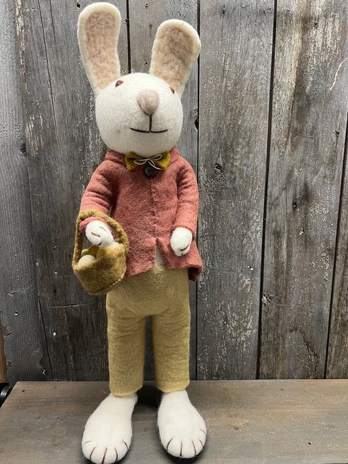 Folk Art Wool Bunny with Jacket, Basket