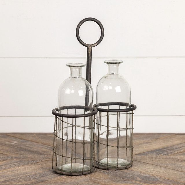 Metal Wire Caddy w/2 Glass Bottles